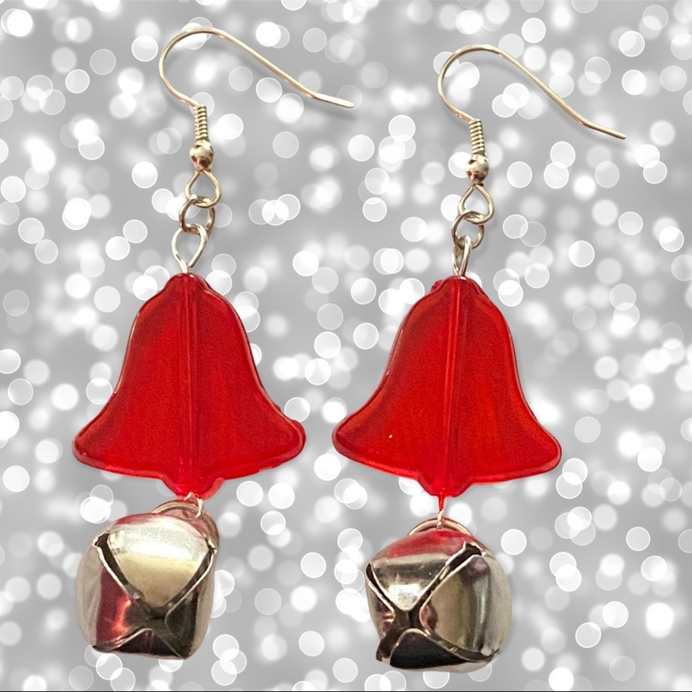 Hand Crafted Earrings Jingle Bell Dangle Silver Red Jewelry Christmas Pierced - Picture 3 of 6